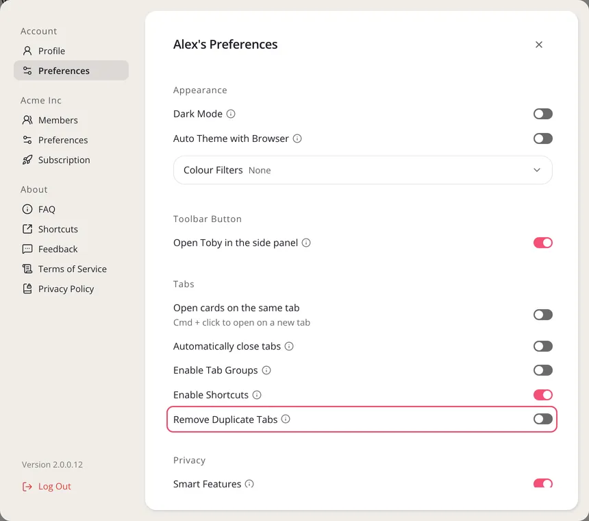 Settings, Preferences under Account, with Remove Duplicate Tabs outlined under Tabs