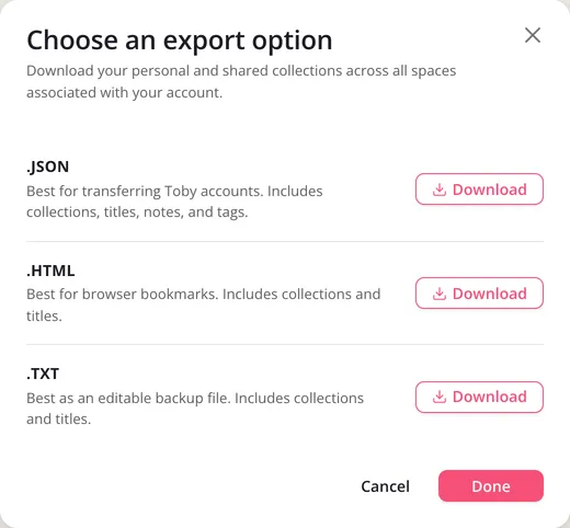 The Choose an export option dialog, with a Download button for .JSON, .HTML and .TXT