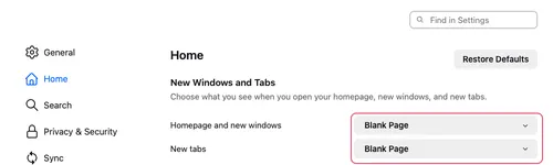 Firefox Home settings, with Homepage and new windows and New tabs both set to Blank Page