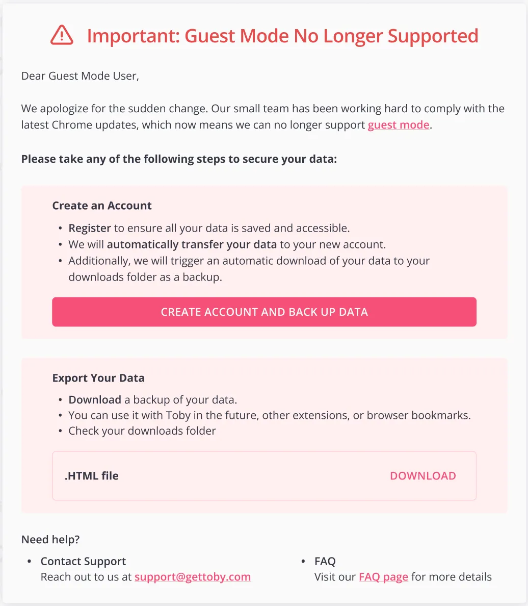 The Important: Guest Mode No Longer Supported message, with the Create an Account and Export Your Data options