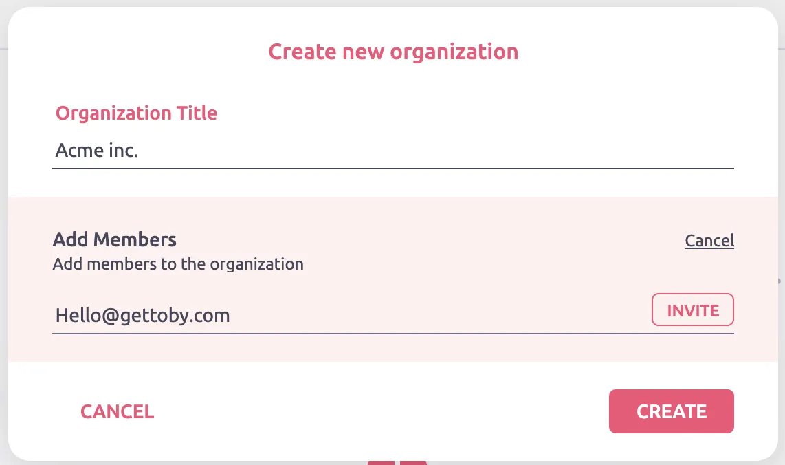 The Create new organization dialog with an email typed under Add Members and an Invite button