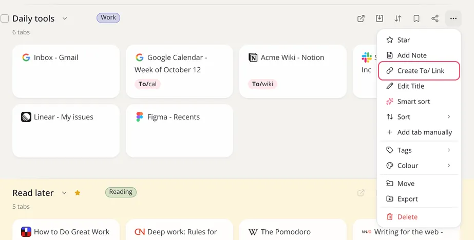 A collection’s menu, with Create To/ Link outlined