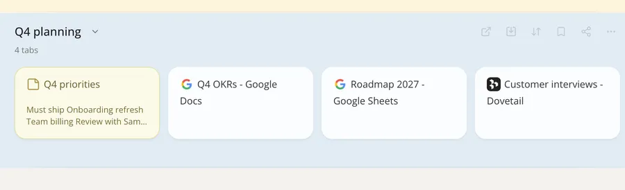 A note card, Q4 priorities, in a collection next to saved tabs