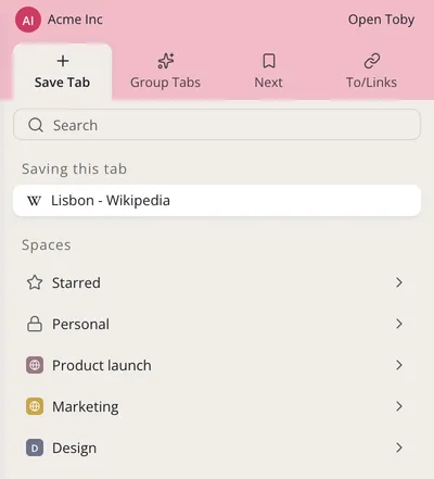 The extension menu in Save Tab mode, with the page being saved and the list of Spaces