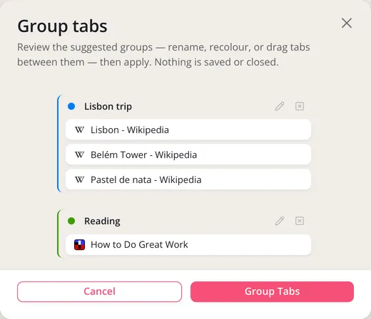 The Group tabs preview with two suggested groups, Lisbon trip and Reading, and the Group Tabs button
