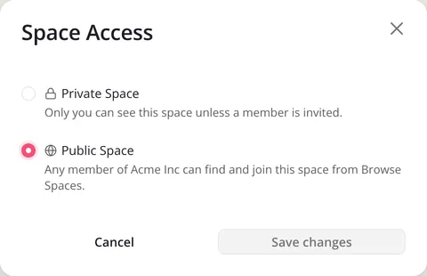 The Space Access dialog, with Private Space, Public Space and Save changes