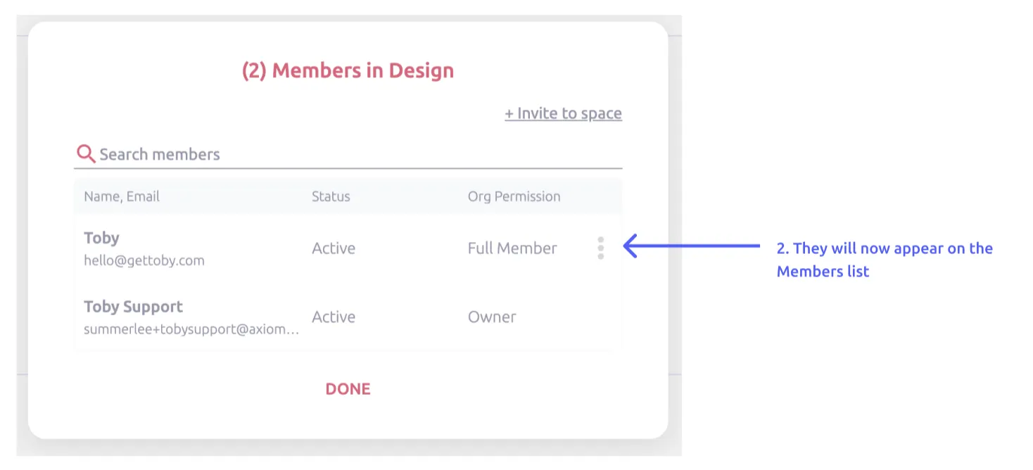 The Members list showing the invited member with the status Active