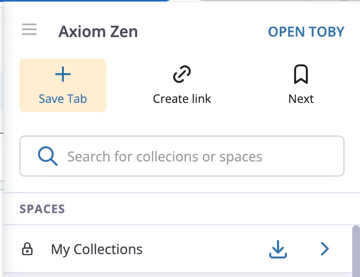 The extension menu with the search box and the My Collections space