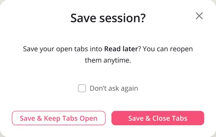 The Save session dialog asking to save your open tabs into Read later