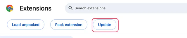 The Update button outlined, next to Load unpacked and Pack extension