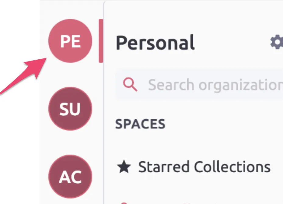 The new organization, shown as PE for Personal, at the top of the left sidebar