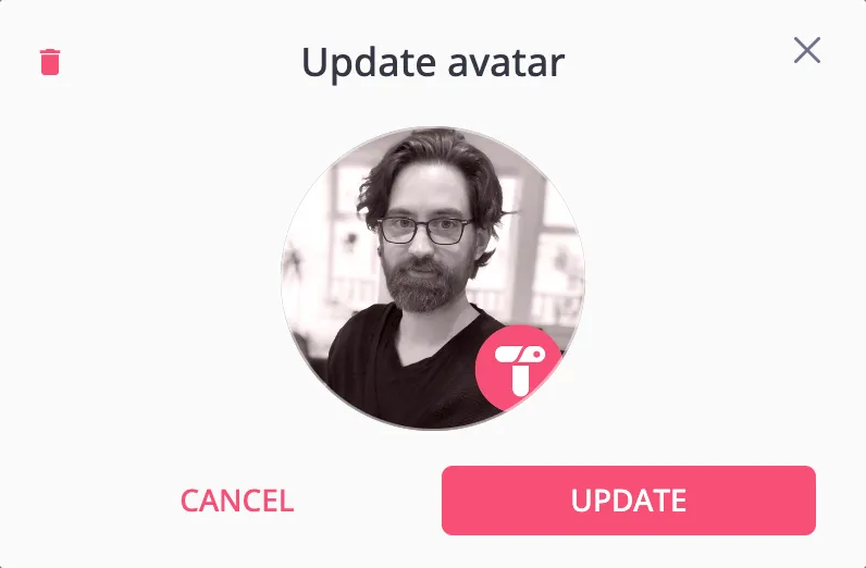 The Update avatar dialog showing a preview of the profile picture, with Cancel and Update buttons